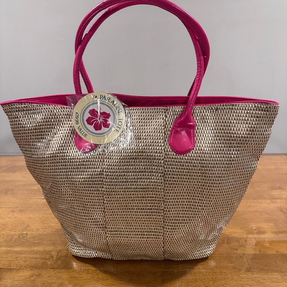 Woven Beige Tote with Vibrant Pink Accents